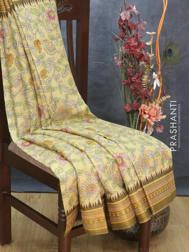 Semi tussar dupion saree lime yellow and sap green with allover floral prints and vidarbha style border - {{ collection.title }} by Prashanti Sarees