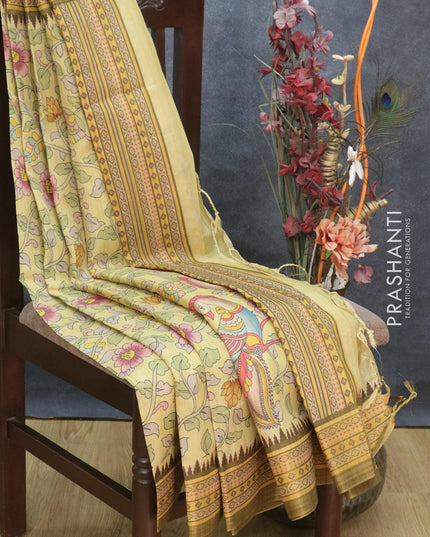 Semi tussar dupion saree lime yellow and sap green with allover floral prints and vidarbha style border - {{ collection.title }} by Prashanti Sarees