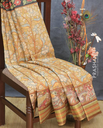Semi tussar dupion saree mustard yellow and brown shade with allover prints and vidarbha style border - {{ collection.title }} by Prashanti Sarees