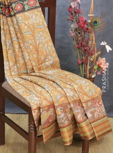 Semi tussar dupion saree mustard yellow and brown shade with allover prints and vidarbha style border - {{ collection.title }} by Prashanti Sarees
