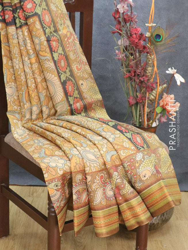 Semi tussar dupion saree mustard yellow and brown shade with allover prints and vidarbha style border - {{ collection.title }} by Prashanti Sarees