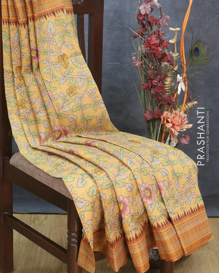 Semi tussar dupion saree mustard yellow and brown with allover floral prints and vidarbha style border - {{ collection.title }} by Prashanti Sarees