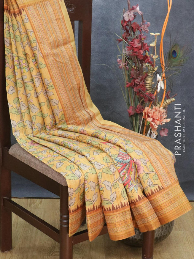 Semi tussar dupion saree mustard yellow and brown with allover floral prints and vidarbha style border - {{ collection.title }} by Prashanti Sarees