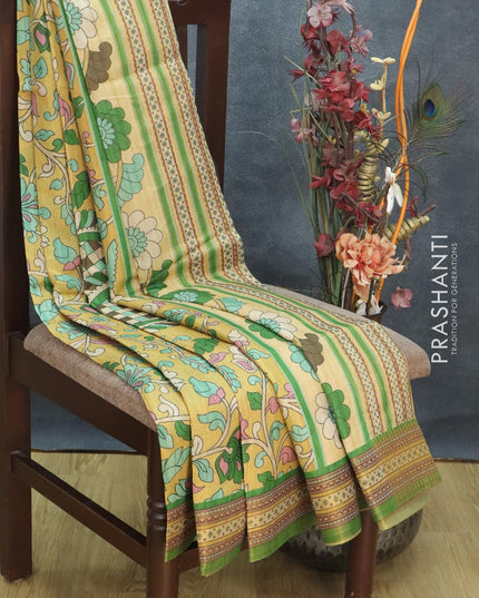 Semi tussar dupion saree mustard yellow and green with allover prints and vidarbha style border - {{ collection.title }} by Prashanti Sarees