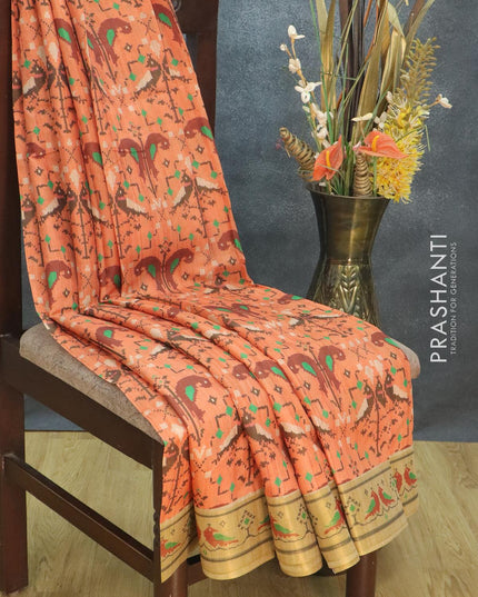 Semi tussar dupion saree orange and beige with allover prints and vidarbha style border - {{ collection.title }} by Prashanti Sarees