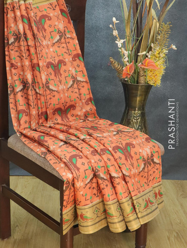 Semi tussar dupion saree orange and beige with allover prints and vidarbha style border - {{ collection.title }} by Prashanti Sarees