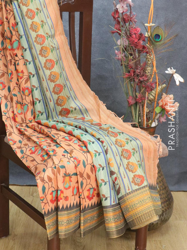 Semi tussar dupion saree pale orange and black with allover floral prints and vidarbha style border - {{ collection.title }} by Prashanti Sarees