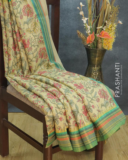 Semi tussar dupion saree pale yellow and green with allover prints and vidarbha style border - {{ collection.title }} by Prashanti Sarees