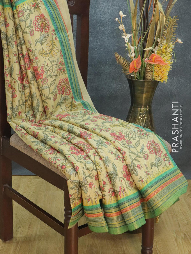 Semi tussar dupion saree pale yellow and green with allover prints and vidarbha style border - {{ collection.title }} by Prashanti Sarees