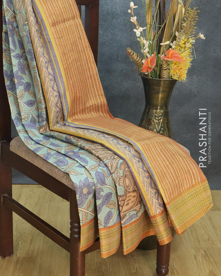Semi tussar dupion saree pastel blue and rust with kalamkari prints and vidarbha style border - {{ collection.title }} by Prashanti Sarees