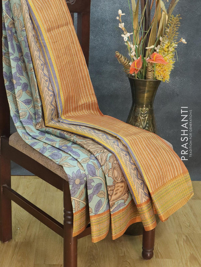 Semi tussar dupion saree pastel blue and rust with kalamkari prints and vidarbha style border - {{ collection.title }} by Prashanti Sarees