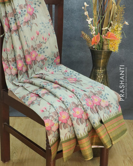 Semi tussar dupion saree pastel blue shade and mehendi green with allover floral prints and vidarbha style border - {{ collection.title }} by Prashanti Sarees