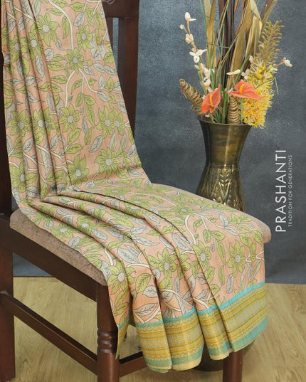Semi tussar dupion saree pastel brown and teal blue shade with kalamkari prints and vidarbha style border - {{ collection.title }} by Prashanti Sarees