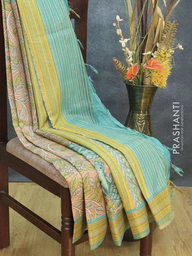 Semi tussar dupion saree pastel brown and teal blue shade with kalamkari prints and vidarbha style border - {{ collection.title }} by Prashanti Sarees