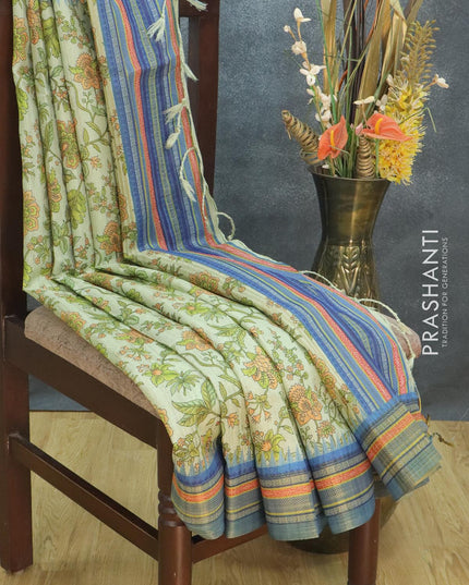 Semi tussar dupion saree pastel green and blue with allover prints and vidarbha style border - {{ collection.title }} by Prashanti Sarees