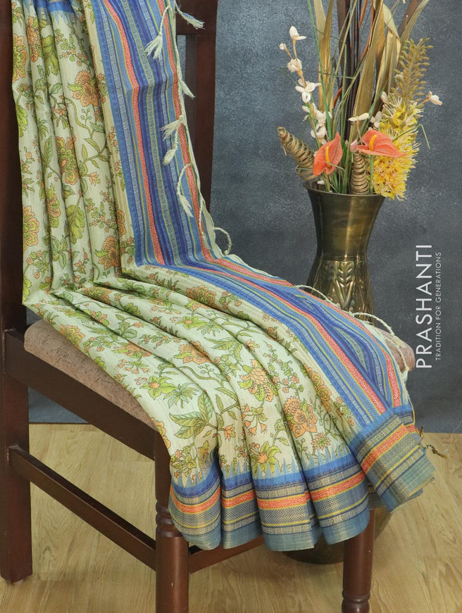 Semi tussar dupion saree pastel green and blue with allover prints and vidarbha style border - {{ collection.title }} by Prashanti Sarees