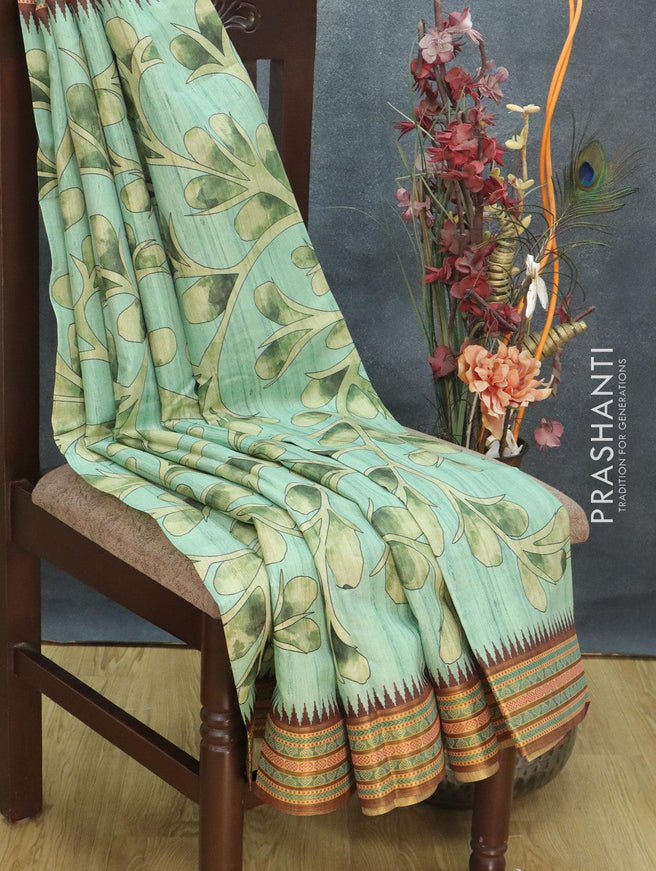 Semi tussar dupion saree pastel green and brown with allover prints and vidarbha style border - {{ collection.title }} by Prashanti Sarees