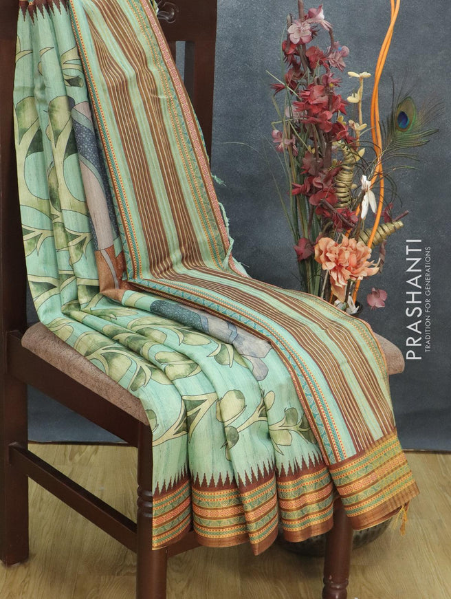 Semi tussar dupion saree pastel green and brown with allover prints and vidarbha style border - {{ collection.title }} by Prashanti Sarees