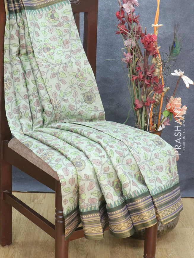 Semi tussar dupion saree pastel green shade and green with allover floral prints and vidarbha style border - {{ collection.title }} by Prashanti Sarees