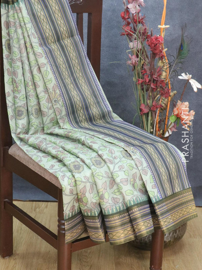 Semi tussar dupion saree pastel green shade and green with allover floral prints and vidarbha style border - {{ collection.title }} by Prashanti Sarees