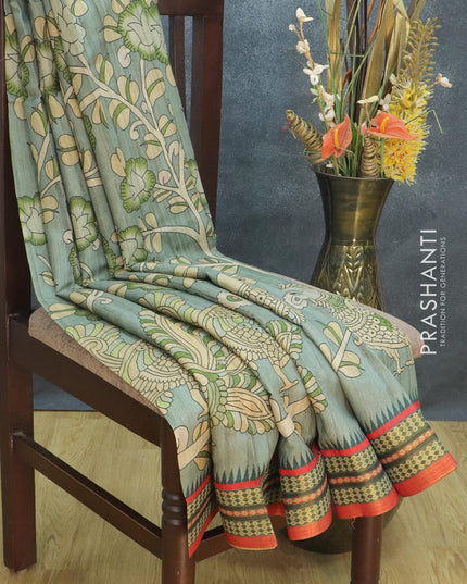 Semi tussar dupion saree pastel green shade and orange with allover prints and vidarbha style border - {{ collection.title }} by Prashanti Sarees