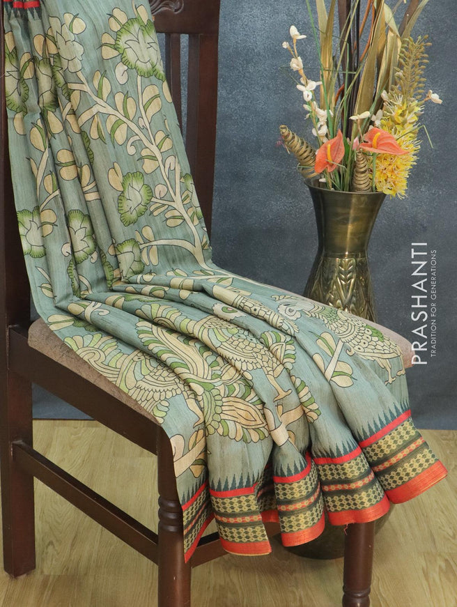 Semi tussar dupion saree pastel green shade and orange with allover prints and vidarbha style border - {{ collection.title }} by Prashanti Sarees