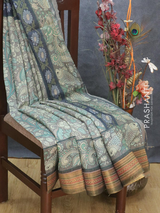 Semi tussar dupion saree pastel grey and grey with allover prints and vidarbha style border - {{ collection.title }} by Prashanti Sarees