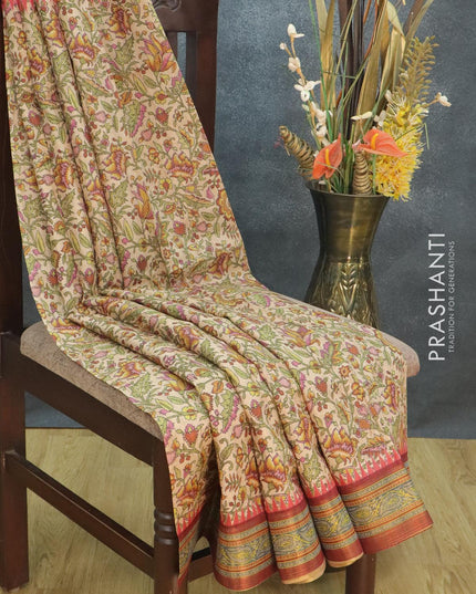 Semi tussar dupion saree pastel peach shade and brown with allover prints and vidarbha style border - {{ collection.title }} by Prashanti Sarees