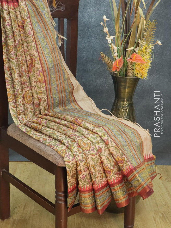 Semi tussar dupion saree pastel peach shade and brown with allover prints and vidarbha style border - {{ collection.title }} by Prashanti Sarees