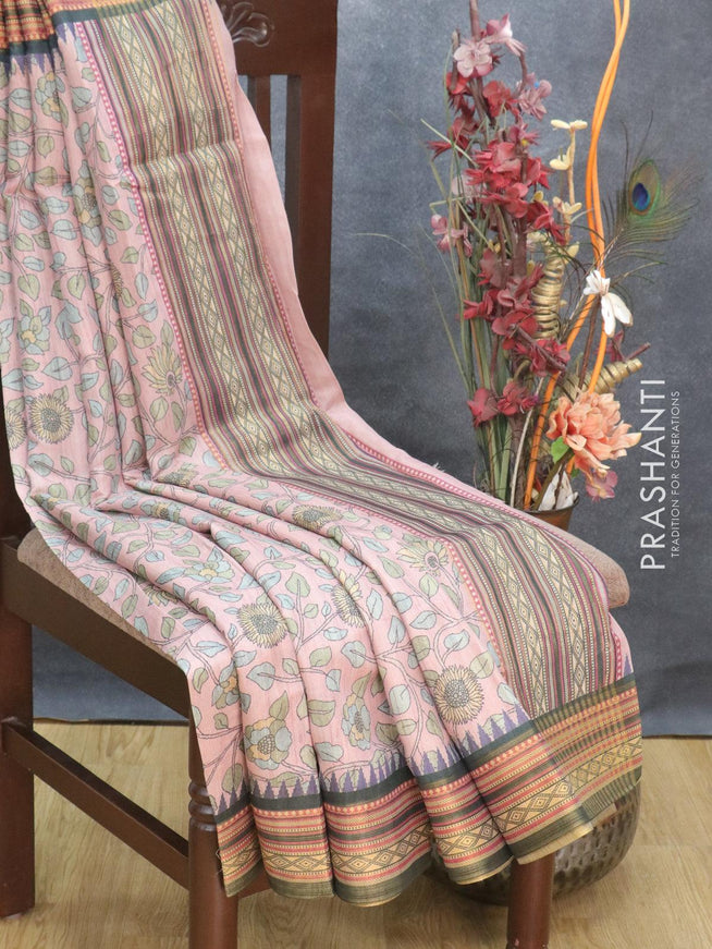 Semi tussar dupion saree pastel pink and black with allover floral prints and vidarbha style border - {{ collection.title }} by Prashanti Sarees
