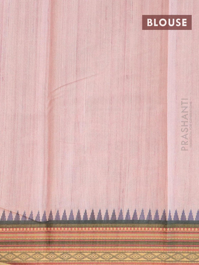 Semi tussar dupion saree pastel pink and black with allover floral prints and vidarbha style border - {{ collection.title }} by Prashanti Sarees