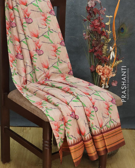 Semi tussar dupion saree pastel pink and brown with allover prints and vidarbha style border - {{ collection.title }} by Prashanti Sarees