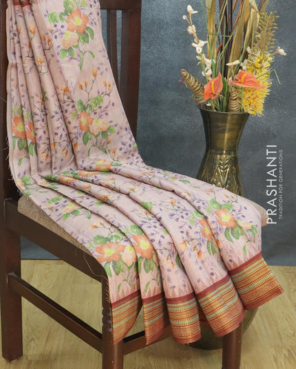 Semi tussar dupion saree pastel pink and deep maroon with allover floral prints and vidarbha style border - {{ collection.title }} by Prashanti Sarees