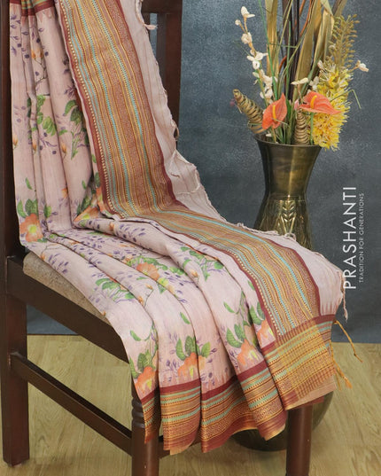 Semi tussar dupion saree pastel pink and deep maroon with allover floral prints and vidarbha style border - {{ collection.title }} by Prashanti Sarees