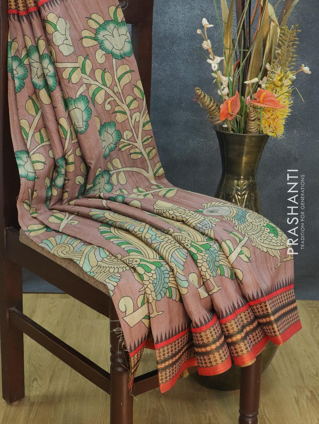 Semi tussar dupion saree pastel pink and red with allover prints and vidarbha style border - {{ collection.title }} by Prashanti Sarees