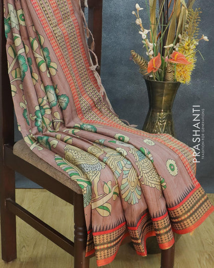 Semi tussar dupion saree pastel pink and red with allover prints and vidarbha style border - {{ collection.title }} by Prashanti Sarees