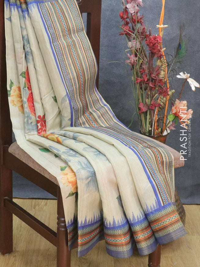 Semi tussar dupion saree pastel shade and blue with allover floral prints and vidarbha style border - {{ collection.title }} by Prashanti Sarees