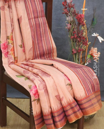 Semi tussar dupion saree peach and rust with allover floral prints and vidarbha style border - {{ collection.title }} by Prashanti Sarees