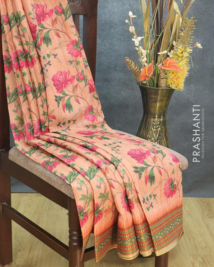 Semi tussar dupion saree peach orange and orange with allover floral prints and vidarbha style border - {{ collection.title }} by Prashanti Sarees