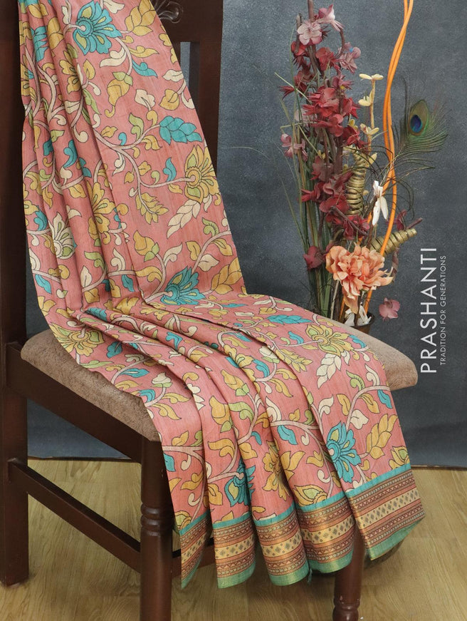 Semi tussar dupion saree peach pink and teal blue with allover prints and vidarbha style border - {{ collection.title }} by Prashanti Sarees