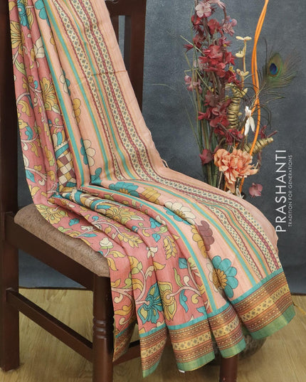 Semi tussar dupion saree peach pink and teal blue with allover prints and vidarbha style border - {{ collection.title }} by Prashanti Sarees