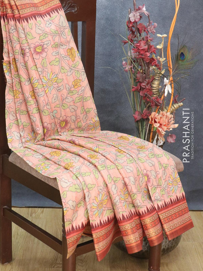 Semi tussar dupion saree peach pink shade and maroon with allover floral prints and vidarbha style border - {{ collection.title }} by Prashanti Sarees