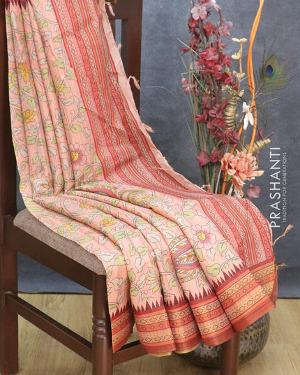 Semi tussar dupion saree peach pink shade and maroon with allover floral prints and vidarbha style border - {{ collection.title }} by Prashanti Sarees