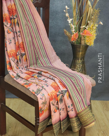 Semi tussar dupion saree peach pink shade and purple with allover floral prints and vidarbha style border - {{ collection.title }} by Prashanti Sarees