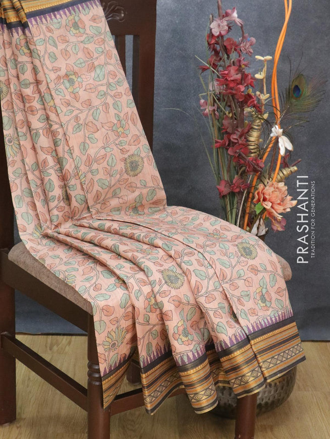 Semi tussar dupion saree peach shade and black with allover floral prints and vidarbha style border - {{ collection.title }} by Prashanti Sarees