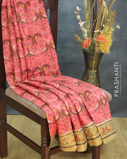 Semi tussar dupion saree pink and beige with allover prints and vidarbha style border - {{ collection.title }} by Prashanti Sarees