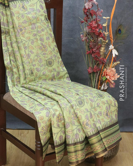 Semi tussar dupion saree pista green and black with allover floral prints and vidarbha style border - {{ collection.title }} by Prashanti Sarees