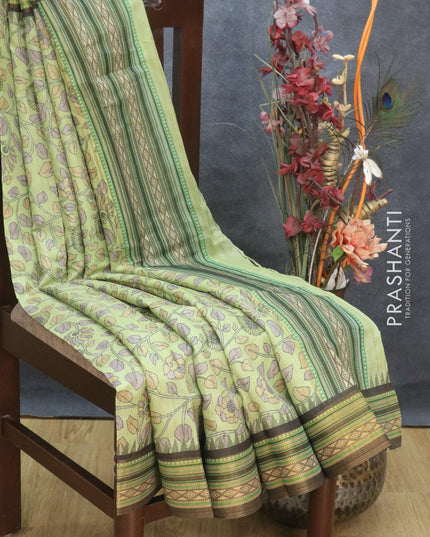 Semi tussar dupion saree pista green and black with allover floral prints and vidarbha style border - {{ collection.title }} by Prashanti Sarees