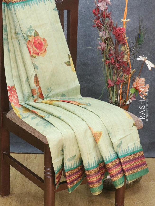 Semi tussar dupion saree pista green and green with allover floral prints and vidarbha style border - {{ collection.title }} by Prashanti Sarees