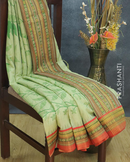 Semi tussar dupion saree pista green and orange with allover prints and vidarbha style border - {{ collection.title }} by Prashanti Sarees